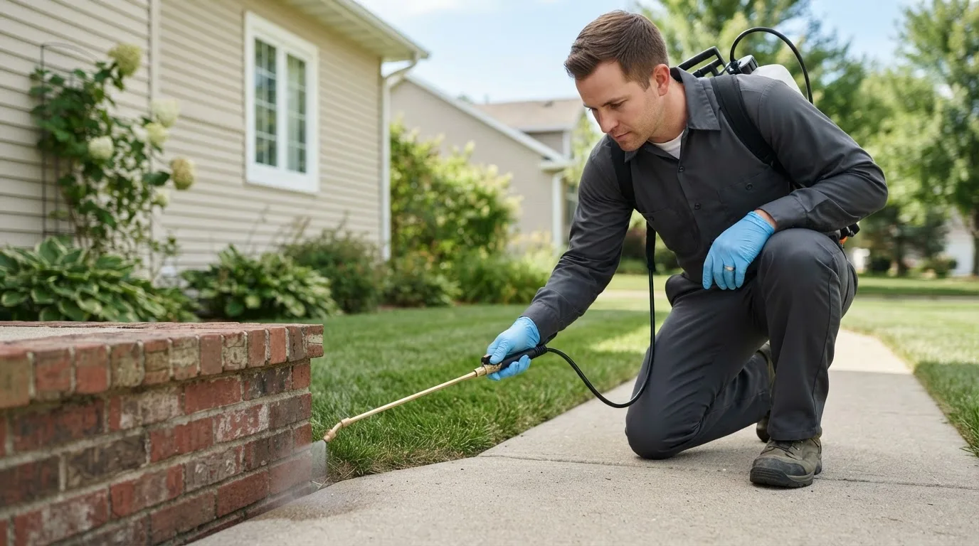 Pest control technician treating a home near Henrietta, NC
